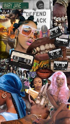 collage of black women with various pictures and words on them, including an image of a woman's face