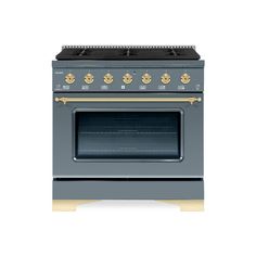 a blue stove with gold trim and knobs on the front, against a white background