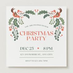 a christmas party card with holly wreaths and berries on the front, in white paper