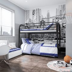 a bedroom with two bunk beds and a basketball on the floor in front of it