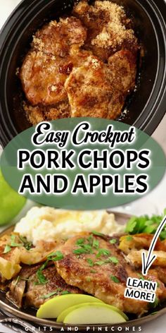 an easy crockpot pork chops and apples recipe with text overlay that reads, easy crockpot pork chops and apples