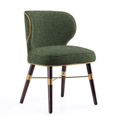 a green upholstered chair with wooden legs and a gold trim around the armrests