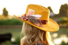 Custom yellow cowboy hat with boot stitch, what would dolly do pins, and vintage playing card  Size medium Retro Yellow Wide Brim Hat, Yellow Wide Brim Retro Hat, Yellow Western Hat With Curved Brim, Yellow Western Hat With Short Brim, Adjustable Western Yellow Hat Bands, Adjustable Western Style Yellow Hat Band, Adjustable Yellow Western Hat Bands, Yellow Cowboy Hat, Charlie Horse Hats