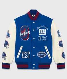 New York Giants OVO Varsity Full-Snap Wool and Leather Jacket Winter Varsity Jacket With Padded Collar, Winter Varsity Jacket With Padded Collar And Long Sleeves, Blue Ribbed Collar Outerwear For Work, Blue Wool Outerwear With Ribbed Collar, Blue Varsity Jacket With Patchwork, Collegiate Blue Long Sleeve Outerwear, Blue Patchwork Varsity Jacket, Wool Outerwear With Ribbed Collar For College, Varsity Wool Outerwear With Long Sleeves