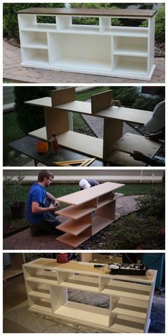 three pictures showing different types of shelves in the process of being built and painted with paint