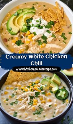 creamy white chicken chili soup with avocado, corn and cilantro