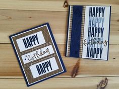 two birthday cards sitting on top of a wooden table next to each other with the words happy birthday written on them