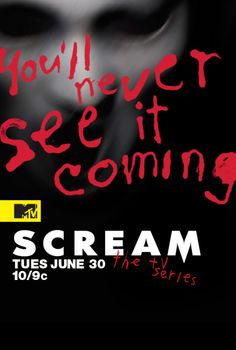 the scream movie poster is shown in black and white with red lettering that reads, you'll never see it coming