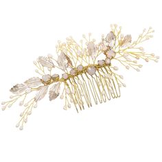 Pearl and Opal Crystal Wedding Hair Comb Add a beautiful medley of opal crystals and freshwater pearls to your wedding day ensemble with this elegant hair comb by Athena Crystal Couture. Plated in gold, this stunning hand-wired bridal comb features fiery opal crystals, freshwater pearls, and hand-painted gold leaves for a beautiful presentation. This flexible comb will provide a romantic touch of sparkle to accent your bridal look. Size: about 5 1/2" long. Color: Gold / Opal. Style: C9226. Just stunning! Please allow about 2 weeks for delivery. Shipping Policy . Return Policy Beaded Edge Veil, Pearl Bridal Hair Comb, Quinceanera Accessories, Winter Wedding Accessories, Beaded Wedding Veils, Fingertip Wedding Veils, Pearl Bridal Hair, Floral Wedding Hair, Bridal Hair Combs Pearl