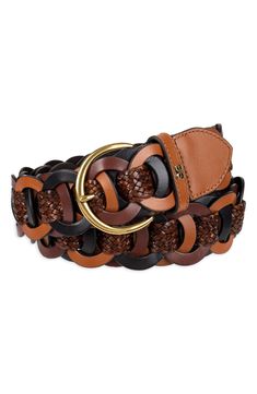 A woven strap makes its way through links of smooth leather tanned in various shades that give this belt its distinctive look and feel. 1 1/2" belt width Leather Imported Brown Woven Leather Belt, Adjustable Woven Leather Belt, Casual Brown Woven Leather Belt, Luxury Adjustable Brown Belt, Womens Belts Fashion, Braids With Weave, Braided Belt, Woven Belt, Brown Belt