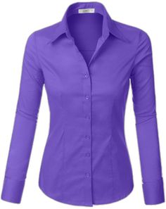 Fitted Button-up Blouse For Business, Purple Fitted Cotton Shirt, Slim Fit Button-up Blouse, Fitted Blouse For Business Casual, Slim Fit Button-up Top For Work, Solid Color Fitted Button-up Shirt, Purple Fitted Button-up Blouse, Slim Fit Button-up Office Top, Slim Fit Button-up Top For Office