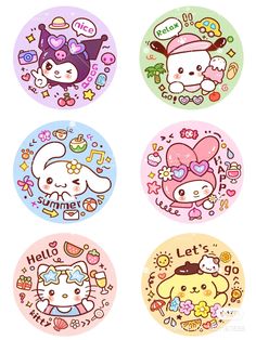 four stickers with hello kitty and other cartoon characters in different colors, sizes and shapes