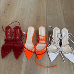 Women's Sexy Strappy Sandals Heel 11cm/4.33 Inch Summer High Stiletto Heeled Pump Pointed Open Toe Party Wedding Shoes 3 For The Price Of 1. One Pair Is Cream, One Is Bright Orange And One Is Red. Heels For Wedding, Pumps Heels Stilettos, Strappy Sandals Heels, Hailey Bieber, Strappy Heels, Strappy Sandals, Bright Orange, Party Wedding, Wedding Shoes