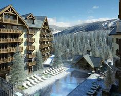 an artist's rendering of a resort in the mountains with snow on the ground