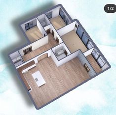 an overhead view of a two bedroom, one bathroom apartment with wood flooring and white walls