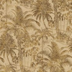 a wallpaper with palm trees and other tropical plants in gold on beige background,