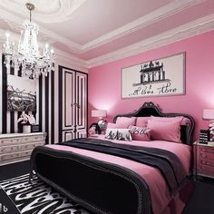 pink walls match the black furniture, bedding, and wall art, crystal chandelier, tufted headboard, and striped rug Black And Pink Bedroom Ideas Girly, Pink And Grey Room Ideas Master Bedrooms, Pink And Black Room Aesthetic Baddie, Black White Pink Room, Black Pink White Bedroom, Black Pink And White Bedroom, Pink White And Black Bedroom, Pink And Black Walls, Black And Pink Bedroom Aesthetic