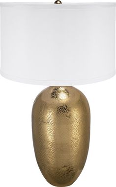 a gold vase lamp with a white shade on the bottom and an oval shaped base