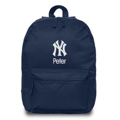 This New York Yankees backpack is the perfect way for your child to show off their fandom wherever they go! With padded adjustable straps and an extra front zipper compartment, this backpack has everything your little one needs. This bag is embroidered with the Yankees logo and your little one’s name or nickname underneath! This backpack measures 16” tall. Tag Us on Instagram using the hashtag #designsbychadandjake Shop all Yankees Gear | Shop all MLB Gear College Backpack For End Of School Year, Standard Backpack For College And End Of School Year, School Backpack With Logo For Back To School, School Backpack With Logo, Back To School Backpack With Logo, Everyday Backpack With Embroidered Logo, Everyday School Spirit Backpack, School Spirit Travel Backpack, Back To School Logo Backpack