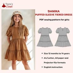 Exclusive patterns from the author of Tiana's Closet Sewing Patterns. Visit my blog for more ideas, sewing tips and free patterns: https://tianascloset.com/ The Danika puffed sleeve tiered dress is a simple, beautiful design that can be worn to many occasions like birthday party, Christmas party, weddings, graduation, vacation and more. This dress is suitable for both smaller and older girls. Make a Laurel dress in fun print or pattern, and give make your girl's day! Main features of the Danika Tiana’s Closet Sewing Patterns, Kids Dress Sewing Pattern, Sewing Patterns For Kids, Dress Sewing Pattern, Girl Day, Easy Kids, Design Simple, Sewing Patterns Free, Tiered Dress