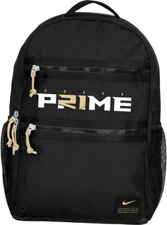 a black backpack with the word peme on it's front pocket and zippers