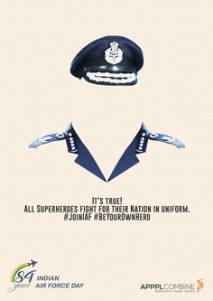 an advertisement for the australian defence force, featuring two blue uniforms and one white hat