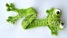 a crocheted frog bookmark laying on top of a white surface with the words frog bookmark crochet