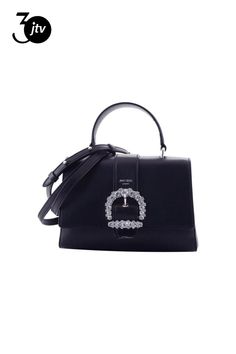 This Cheri bag from��Jimmy Choo��is crafted from��dark blue calfskin leather and features a decorative crystal buckle. The double-snap flap opens to an interior divided by a slip pocket, and includes one zip pocket. This versatile handbag can be carried with the top handle or as a crossbody with the detachable shoulder strap. Look effortlessly polished with this elegant piece from Jimmy Choo.    Model: OSQM | 028  Dark Blue Leather  Silver-tone hardware  Crystal buckle  Double snap closure    In Elegant Leather Flap Bag With Turn-lock Closure, Elegant Calf Leather Bag With Fold Over Clasp, Designer Bags With Buckle Closure, Elegant Top Handle Bag With Buckle Closure, Designer Office Bag With Buckle Closure, Luxury Office Bags With Buckle Closure, High-end Evening Bags With Turn-lock Closure, Designer Shoulder Bag With Buckle Closure, Luxury Top Handle Bag With Buckle Closure