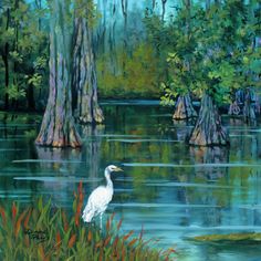 a painting of a white bird standing in the middle of a lake surrounded by trees