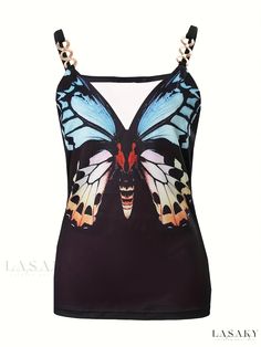 Lasaky - Womens Butterfly Print Cami Top with Chain Linked Strap, Stylish V-neck Sleeveless Summer Camisole, Fashionable Apparel Summer Party Vest With Tank Straps, Multicolor Cami Tank Top For Party, Elegant Summer Beach Vest, Multicolor Camisole Tank Top For Party, Chic Multicolor Tank Top For Party, Sleeveless Summer Tops With Butterfly Print, Summer V-neck Vest For Night Out, Top With Chain, Butterfly Print