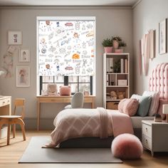 a child's bedroom decorated in pink and white