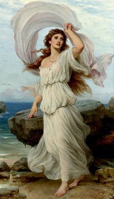 a painting of a woman in a white dress by the ocean with her hair blowing