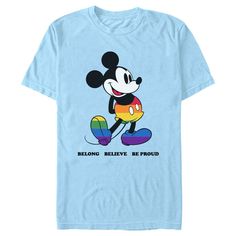 Who knew that dressing "mousey" could be so cute!? Celebrate Walt Disney's most iconic character with this officially licensed Disney Mickey Mouse and Friends Belong, Believe, Be Proud Adult Graphic T-Shirt. This LGBTQIA+ Pride-themed tee features a large graphic of Mickey in rainbow-colored shorts and shoes printed across the front, with the inspirational words: "Belong, Believe, Be Proud" below him in bold black font. Add this vintage Disney tee to your collection for the perfect style for you Mickey Mouse Crew Neck T-shirt For Disney Events, Disney Multicolor Mickey Mouse T-shirt, Multicolor Mickey Mouse T-shirt For Disney Events, Disney Mickey Mouse T-shirt For Fan Events, Mickey Mouse Disney T-shirt For Fan Events, Multicolor Mickey Mouse Cotton T-shirt, Multicolor Cotton Mickey Mouse T-shirt, Lgbtqia Pride, Disney Tee