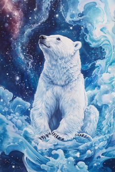 a painting of a polar bear sitting on top of the ocean waves and looking up at the sky