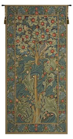 the tree of life tapestry is shown in green and blue tones, with fruit on it