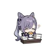 an anime character eating food on top of books and wearing a cat ears headband