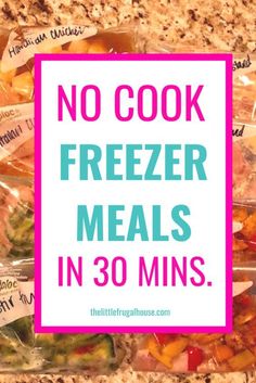 freezer meals in 30 mins with the words no cook freezer meals in 30 minutes