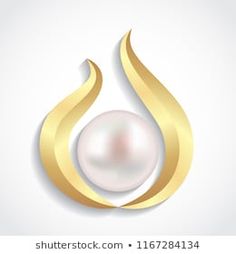 a white pearl is in the center of a gold leaf shaped design on a light gray background