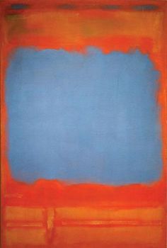 an abstract painting with blue and orange colors on the bottom half of it, as well as a square in the middle