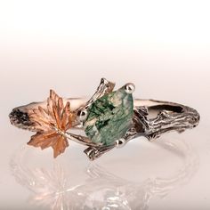 Twig and Leaf Engagement Ring Moss Agate Engagement Ring - Etsy UK Ring Moss Agate, Leaf Wedding Rings, Book Photos, Moss Agate Engagement Ring, Twig Ring, Leaf Engagement Ring, Agate Engagement Ring