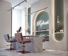 the interior of a hair salon with chairs and counter top in front of an arched window