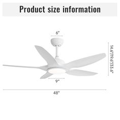 a white ceiling fan with the words product size information