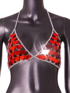 Sexy halter metal sequin heart shaped bra. Size: Bust 35.43” Length 7.48” Silver Fitted Bra For Party, Red Triangle Halter Top For Party, Fitted Triangle Top Party Bra, Fitted Halter Neck Bra For Parties, Bra Art, Metal Bra, Sequin Corset, Crystal Bra, Party Tank Top