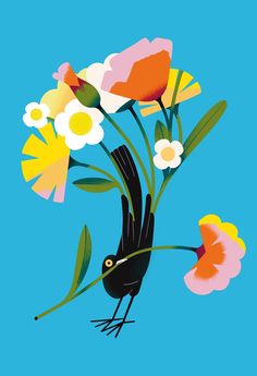 a bird with flowers in its beak on a blue background