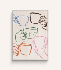 Cafe Du Jour" features hands holding mugs in a cheerful toast hand-painted in multiple colors Coffee Prints, Friends Cafe, Coffee Art Print, Flat Decor, Coffee Print, Wine Parties, Wine Cocktails, Art Prints For Sale, French Blue