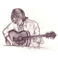 a pencil drawing of a person playing an acoustic guitar