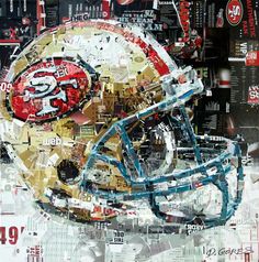 a painting of a football helmet made up of newspaper strips and other things that are collaged together