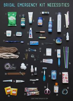 the contents of a bride's emergency kit laid out on top of a table