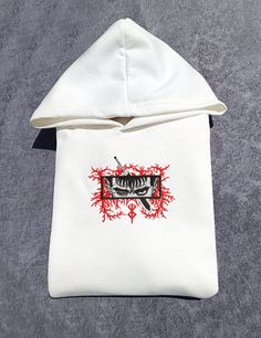 Embrace your love for anime with our custom embroidered sweatshirt! Crafted with high-quality materials and attention to detail, this sweatshirt is perfect for any anime enthusiast. Upgrade your anime-inspired wardrobe with our embroidered sweatshirt today and let your passion for anime shine! Available in sizes S, M, L, and XL, this oversize hoodie ensures a comfortable fit for everyone. Made from a blend of 90% cotton and 10% polyester, it's both soft and durable, perfect for everyday wear. Ad White Hoodie With Character Print, White Hooded Sweatshirt With Character Print, White Character Print Hoodie, White Hooded Hoodie With Embroidered Graphics, White Embroidered Hoodie For Streetwear, White Anime Hoodie For Winter, White Anime Style Winter Hoodie, Cotton Sweatshirt With Drawstring Hood For Cosplay, White Anime Hooded Sweatshirt