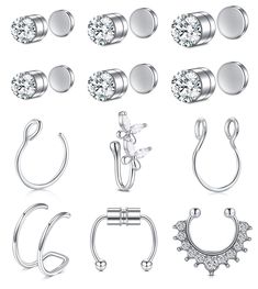 PRICES MAY VARY. [Package]: 6pcs silver fake septum fake nose ring + 3pcs silver fake nose ring stud. Come with a black velvet pouch. [Safety Material]: These fake piercing jewelry made of 316L surgical stainless steel, smooth polished surface, comfortable for long time wear. [Size]: Fake nose ring hoop gauge: 16G(1.2mm)/18G(1.0mm)/20G(0.8mm); Inner diameter : fake septum nose ring 14mm,other fake nose ring hoop: 8mm. fake nose stud diameter: 3mm. [Multi Use]: These fake nose rings can be used a Nose Ring Piercing Aesthetic, Fake Persings Nose, Magnetic Nose Stud, Magnetic Piercings, Nose Piercing Fake, Fake Nose Stud, Fake Nose Piercing, Nose Cuffs, Fake Lip Ring